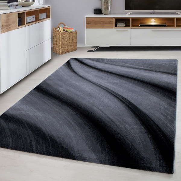 Moderner Wohnzimmer Teppich Wellen Design in Schwarz Grau